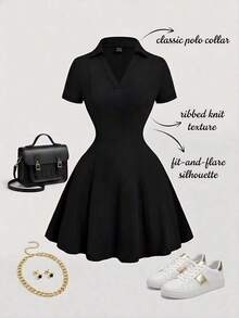Vestido mini de punto con cuello de volantes en caqui vintage - Estilo preppy, años 70, informal, cómodo, para ir y venir, estética de dinero antiguo, perfecto para atuendos escolares, atuendos de enseñanza y ropa de oficina - Negro - Ver 2