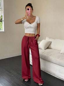 Women's Wide-Leg Pants With Diagonal Pocket, Tie Waist, And Solid-Color Textured Fabric - 深棕色 - 查看 11