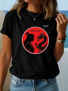 Limited Time Offer, Limited Quantity Available, Lightning, Women's Shirts, Women's T-Shirts. Women's T-Shirt With  And Dragon Silhouette Print, Chinese Style, Round Neck, Short Sleeve, Casual. - 黑色 - 查看 3