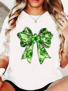 Black T-Shirt With Green Bow And Shamrock Print For Easter And St. Patrick's Day - 白色 - 查看 2