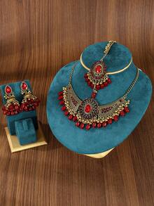 Bộ trang sức mạ vàng - Dây chuyền choker + Hoa tai + Trâm cài tóc Maang Tikka đính hạt trắng, hoàn hảo cho đám cưới và tiệc tùng. - Hạt cánh - Xem 7