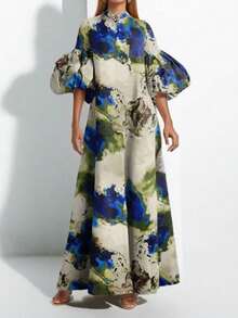 Printed Dress With Bubble Sleeves, Casual Office Style Spring 2026 - Multicolor - View 7