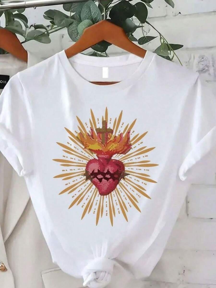 Women's White Short Sleeve T-Shirt With Sacred Heart Print, Soft And Micro-Elastic Round Neck, Casual Design, Cool And Breathable, Attractive Personality, Urban Bohemian Retro Style, Blouse For Modern And Daring Girls, Ideal For Comfortable And Relaxed Daily Wear. - 白色 - 查看 1