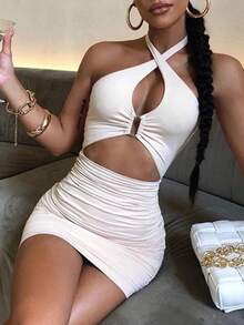 Sexy cintura ahueca hacia fuera la correa cruzada del hombro vestido ajustado al cuerpo mujeres sin espalda sin mangas flaco Mini vestido Club Vestidos de fiesta - BLANCO - Ver 1