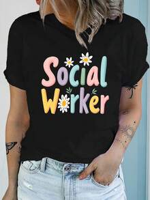 Women's T-Shirts, Ladies' T-Shirts, Social Worker Print T-Shirt - Fun Floral And Geometric Prints, Soft And Stretchy Casual Top With Round Neck, Breathable Short Sleeves For All-Season Comfort, Machine Washable, Social Worker Themed T-Shirt, Comfortable Medium-Stretch Top. - 1件黑色隨機圖案 - 查看 2
