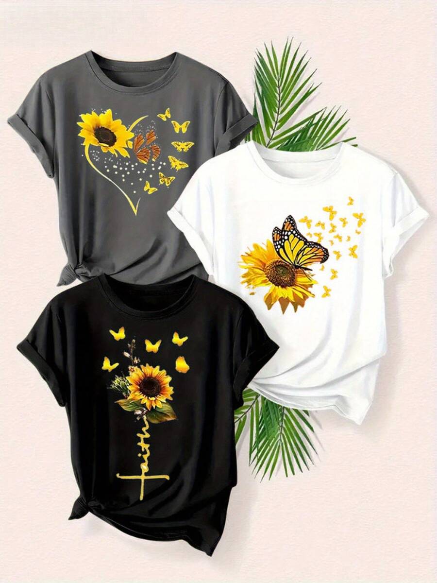 Women's T-Shirts, Women's T-Shirts, 1 Piece Women's Casual T-Shirt, Round Neck, Medium Elasticity, Sunflower Print, Suitable For All Seasons - Sizes S-XXL - 1件黑色隨機圖案 - 查看 1