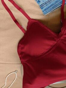 Camisilla sin mangas casual de verano para mujer con parches de encaje en unicolor - Rojo - Ver 6