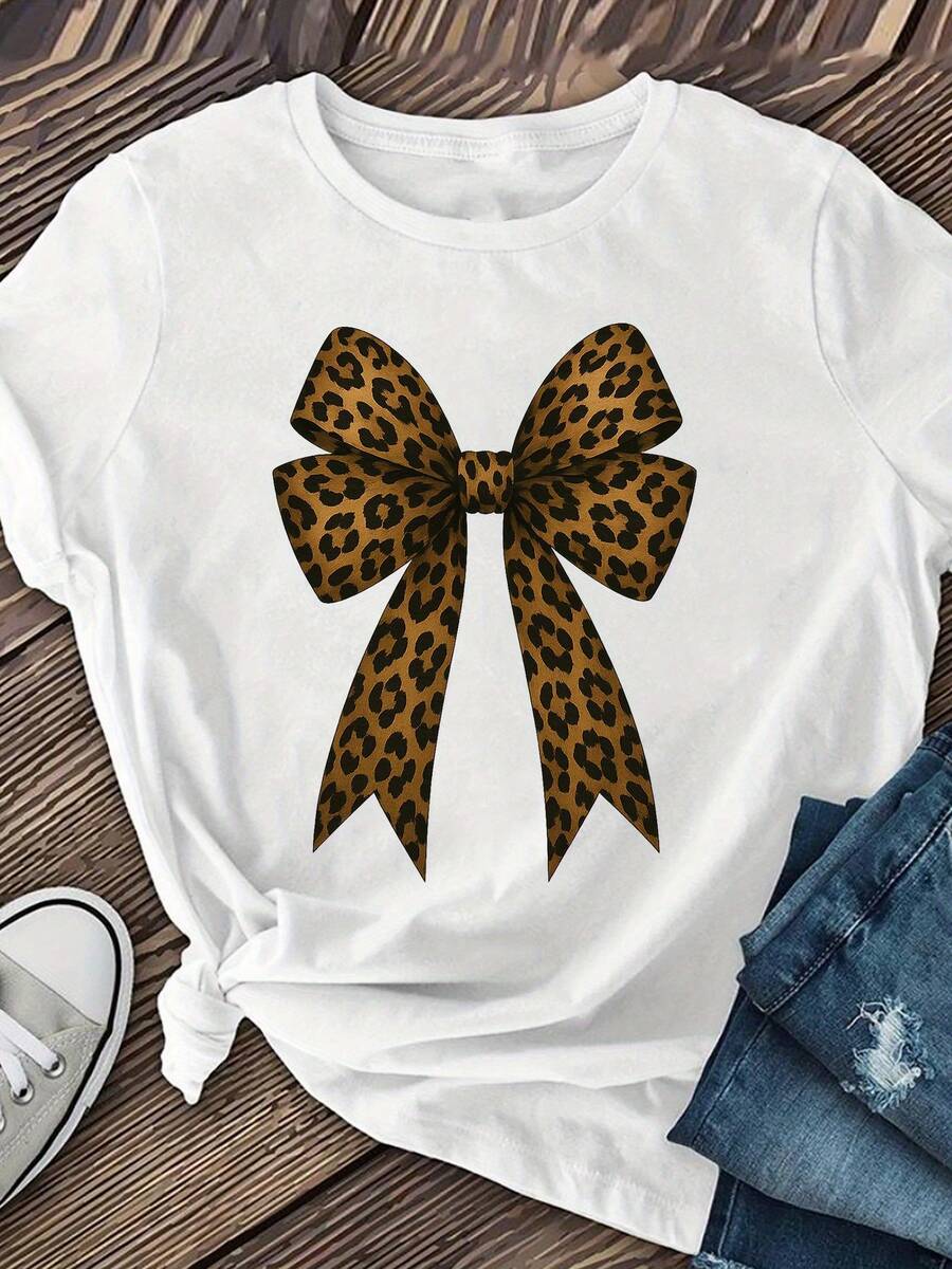 Women's Leopard Print Short Sleeve T-Shirts, Casual Short Sleeve T-Shirts, Round Neck Print T-Shirts, Women's Clothing, Spring And Summer Short Sleeve T-Shirts, Casual Round Neck Short Sleeve T-Shirts For Spring And Summer. - 白色 - 查看 1