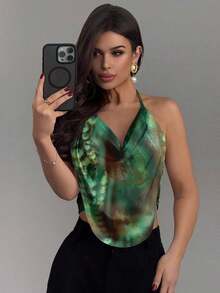 Top de tirantes minimalista y casual con elegante estampado floral y efecto tie-dye, adecuado para verano, salidas, playa, vacaciones, festivales de música, bodas, cumpleaños, fiestas, carnavales, chic - Multicolor - Ver 6