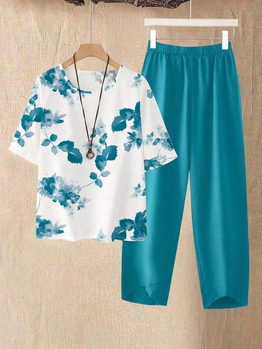 2 piezas Conjunto de top y pantalones casuales estampados para mujer - Azul lavado medio - Ver 1