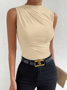 Blusa casual versátil con cuello alto y plisados para mujer - Albaricoque - Ver 4