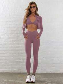 Sport Leggings ajustados de cintura contorneada y cruzada para actividades, pádel, tenis, pickleball, gimnasio, fitness, pilates y uso casual diario - Púrpura malva - Ver 1