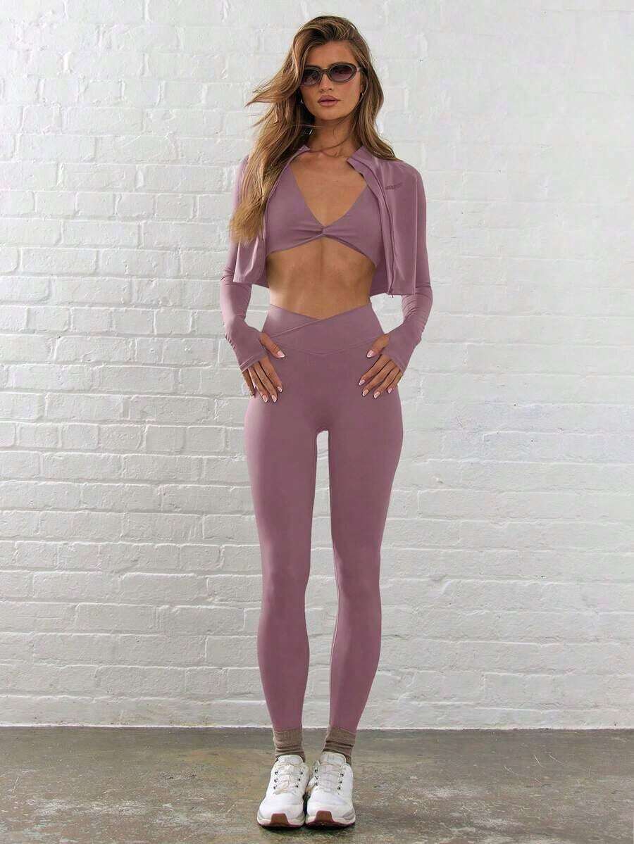 Sport Leggings ajustados de cintura contorneada y cruzada para actividades, pádel, tenis, pickleball, gimnasio, fitness, pilates y uso casual diario - Púrpura malva - Ver 1