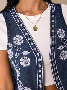 Chaleco de mezclilla con bordado floral para mujer, chaqueta de mezclilla bohemia azul para mujer, chaqueta de mezclilla de frente abierto de moda, parte superior de verano linda para conciertos country Y2K, salir, vintage, otoño - Azul lavado oscuro - Ver 7