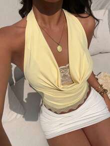 Nuevo Camisol de Mujer con Cuello Halter, Espalda Descubierta y Tirantes con Lazo, Diseño de Encaje y Parches, Adecuado para Vacaciones y Playa - Amarillo - Ver 4
