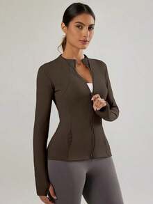 Chaqueta de manga larga para mujer con agujeros para el pulgar, 2 bolsillos, parte superior deportiva para correr y hacer ejercicio, color negro, primavera - Café integral - Ver 4
