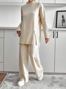 Women Solid Color Minimalist Casual Long Sleeve & Long Pants Zippered Knit Set - Beige - View 2