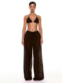 Pantalones anchos con cordón frontal de tiro bajo, prenda de vestir para cubrir en verano, primavera, vacaciones, vacaciones, club sexy, Ibiza, ropa de playa, nanotecnología, techno, otoño, color sólido - Marrón Chocolate - Ver 1