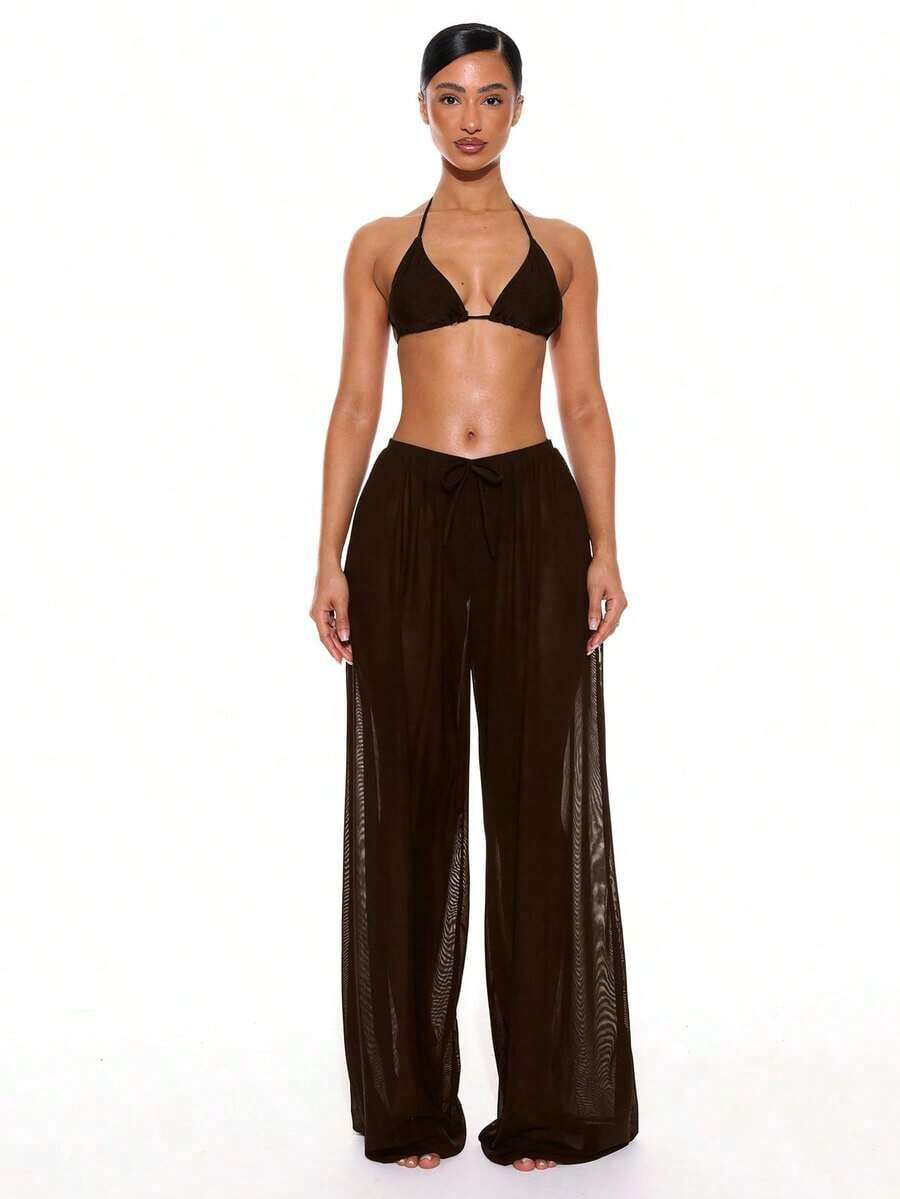 Pantalones anchos con cordón frontal de tiro bajo, prenda de vestir para cubrir en verano, primavera, vacaciones, vacaciones, club sexy, Ibiza, ropa de playa, nanotecnología, techno, otoño, color sólido - Marrón Chocolate - Ver 1