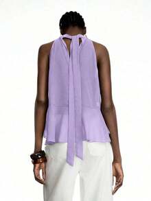 Top halter elegante de unicolor con volantes para mujer - Morado - Ver 5