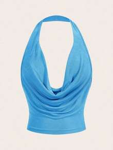 Top halter corto y sexy sin espalda de unicolor con cuello drapeado sin mangas para mujer, estilo Y2K para salir en verano - Azul - Ver 5