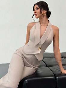 Chaleco asimétrico de mujer con cintura ceñida sin mangas, color albaricoque, con decoración de botones metálicos en la cintura, estilo británico, minimalista y básico para uso diario, apropiado para primavera/verano, elegante, para ir al trabajo, - Albaricoque 2 - Ver 7