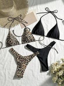 Swim Vcay Nuevo conjunto de bikini con múltiples piezas, de tiras de espagueti, corte alto y estampado de leopardo y unicolor - Multicolor 7 - Ver 2