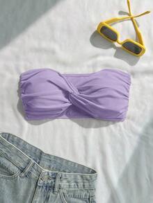Top de bikini bandeau de un solo color con efecto retorcido - Púrpura malva - Ver 7