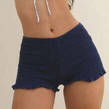 Pantalones cortos fruncidos de verano para mujer, pantalones cortos informales con cintura elástica, Color sólido, con volantes - azul profundo - Ver 5