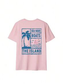Women's Casual Short-Sleeved T-Shirt With A Round Neck, Palm Tree And Letter Print, Ideal For Summer. Versatile And Fashionable For Everyday And Vacation Style. Graphic Blouses For Women In White, Black, And Pink. - 羅莎 - 查看 3
