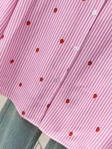 Blusa de mujer con cuello polo, estampado de corazones y rayas - Camisa casual de manga larga con botones, adecuada para uso diario en primavera, verano y otoño - Fresa rosa - Ver 6