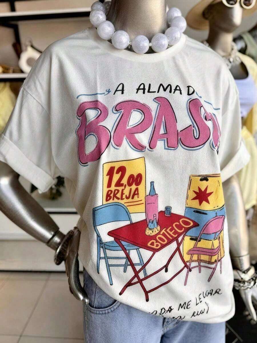 Plus Size Women's Crew Neck T-Shirt For Leisure And Vacations, Made Of Comfortable And Breathable Fabric, Suitable For Spring And Summer Outings. The Loose Fit Flatters The Figure, Making It The Perfect Choice For A Vacation Travel T-Shirt. Casual White. - 白色的 - 查看 1