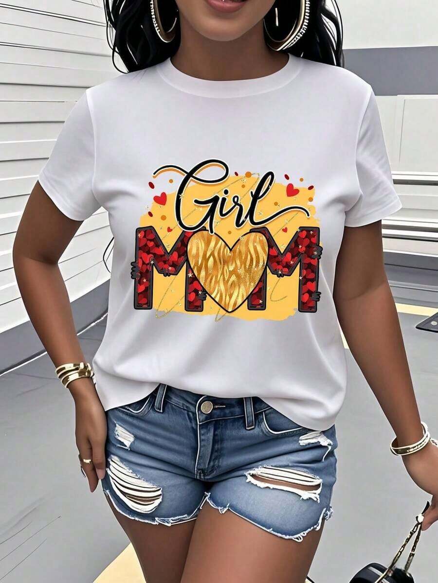 Mom Printed T-Shirt, Women's Short-Sleeved Crew Neck T-Shirt, A Special Gift For Mother's Day, With A Heart Pattern Design. This Stylish And Versatile T-Shirt Showcases The Brilliance Of Maternal Love, Perfect For Everyday Wear. - [白色的] - 查看 1