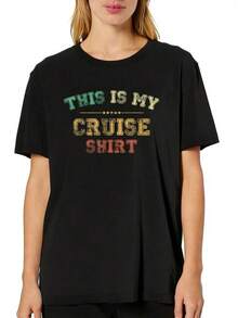 Women's Summer Sets, 100% Pure Cotton, Retro Print T-Shirt For Cruise Lovers, Loose Fit, Casual Everyday Wear - 黑色 - 查看 8