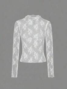 Blusa negra sexy de manga larga con encaje elástico para mujer , con cuello alto, patrón floral transparente, elegante y con capas, ideal para primavera-verano, resort y citas - Blanco y Negro - Ver 5