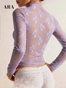 Blusa negra sexy de manga larga con encaje elástico para mujer , con cuello alto, patrón floral transparente, elegante y con capas, ideal para primavera-verano, resort y citas - Púrpura malva - Ver 5