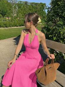 Vestido midi elegante sin mangas con decoración floral 3D de metal y plisados para mujer - Rosa Fucsia - Ver 7