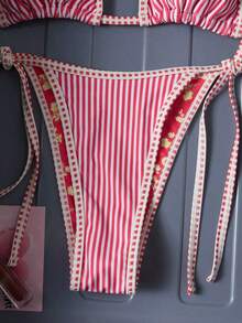 Conjunto de bikini de 2 piezas con estampado floral diminuto y escote halter para vacaciones y playa - Rojo - Ver 6
