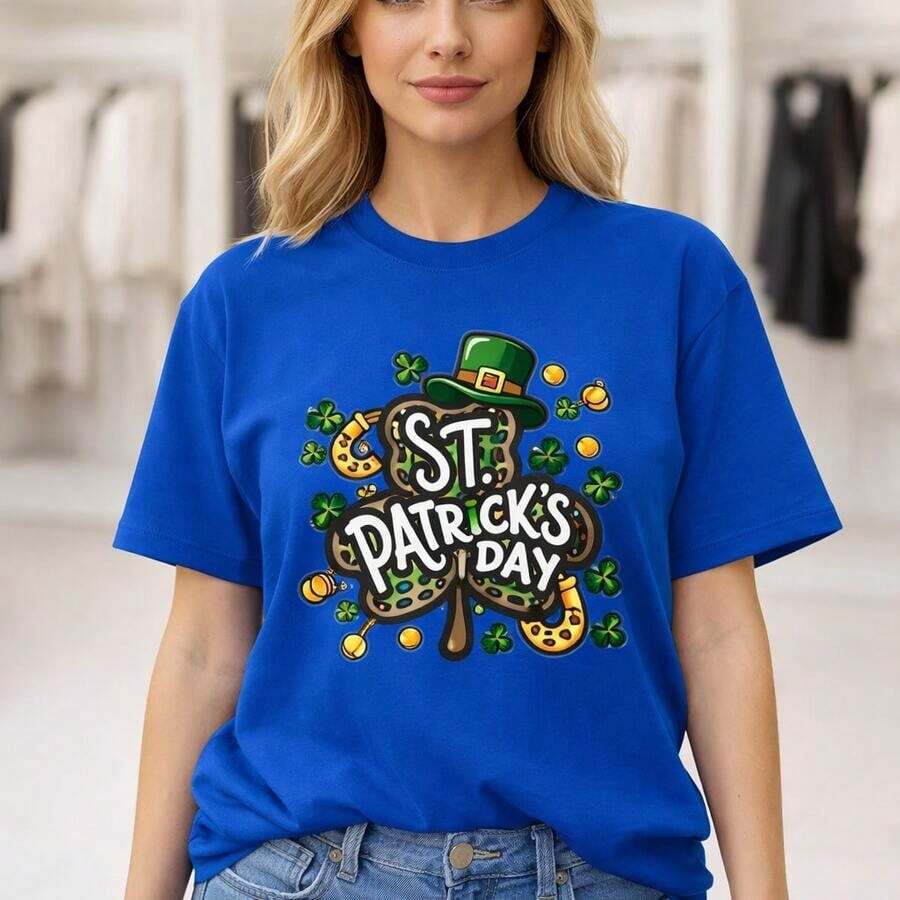Camiseta de talla grande para mujer para el Día de San Patricio, de algodón, con cuello redondo y manga corta, con estampado de leopardo, trébol, sombrero verde y monedas doradas, corte holgado informal para celebraciones festivas, adecuada para primavera, verano y otoño. - Azul - Ver 1