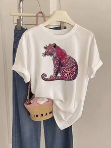 Camiseta de Manga Corta para Mujer con Estampado de Leopardo y Diseños - Blusa Casual de Cuello Redondo para Verano, Gimnasio, Entrenamiento, Fiestas y Atuendos Informales - Lavable a Máquina - Nuevo Estilo 2025 (Compatible con el Nombre del Producto en Chino) - Blanco - Ver 1
