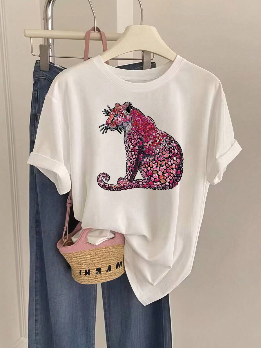 Camiseta de Manga Corta para Mujer con Estampado de Leopardo y Diseños - Blusa Casual de Cuello Redondo para Verano, Gimnasio, Entrenamiento, Fiestas y Atuendos Informales - Lavable a Máquina - Nuevo Estilo 2025 (Compatible con el Nombre del Producto en Chino) - Blanco - Ver 1