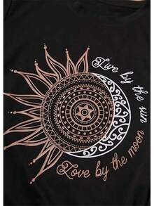 1PieceFashionCasualForMenAndWomenMaQiYaWomenGraphicTeeSummerVintageShortSleeveCottonMoonandSunPrintedTShirtTop Versatile, Easy To Match, Suitable For Daily Wear, Urban Style, Holiday Outfits, Weekend Outfits. - 黑色 - 查看 3
