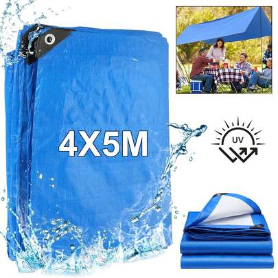 Lona Impermeable de Alta Resistencia, 5X4 Metros de Tamaño, Adecuada para Todo Tipo de Entornos.Lona Gruesa de Color Azul Cielo de 16 MIL con Bordes Reforzados, Resistente a los Rayos UV y Difícil de Rasgar.Ideal para Protección Solar y Lluvia en Patios y Jardines, Construcciones Agrícolas, Protección contra el Viento en Campings, Cubierta de Vehículos y Múltiples Usos.