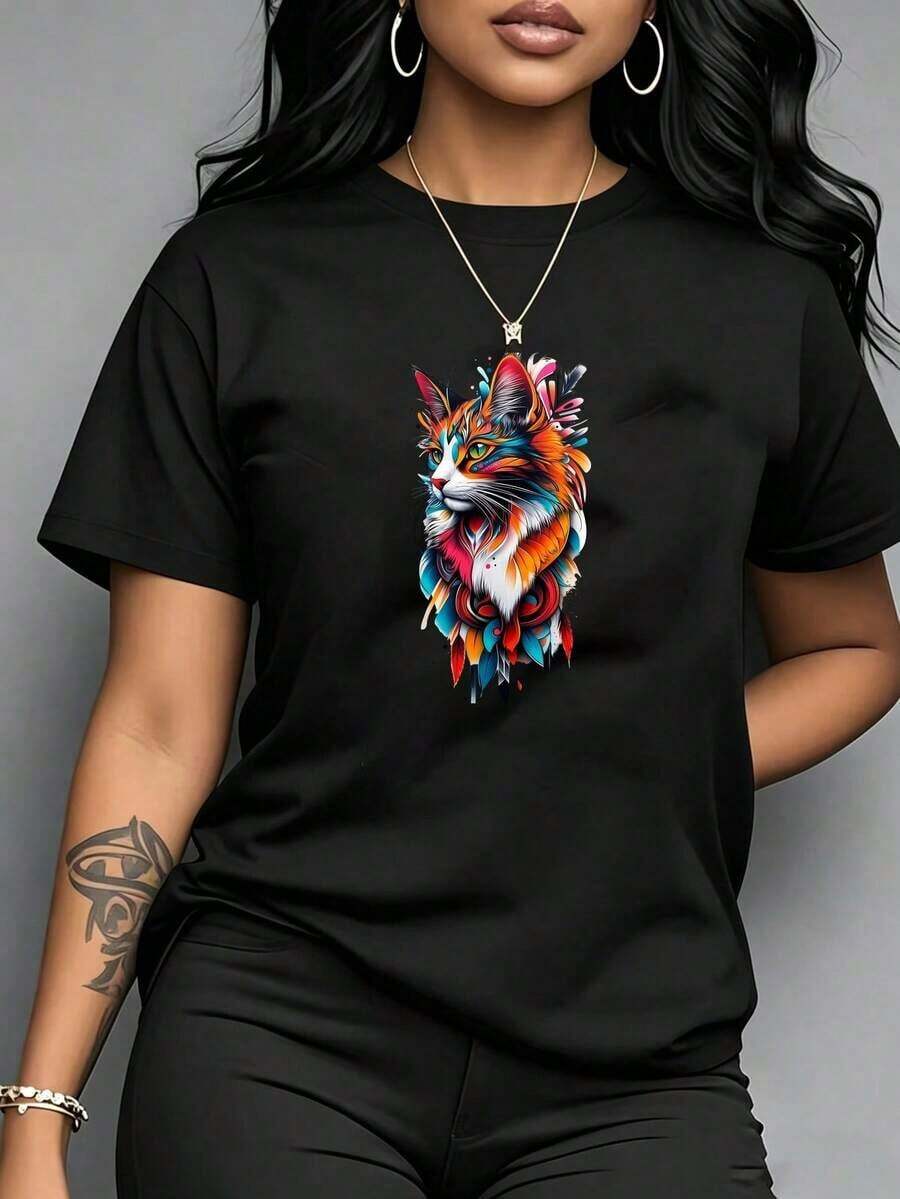 ComfortableCamiseta de manga corta con cuello redondo para mujer -- Camiseta de mujer, elegante y con estilo, casual y cómoda, adecuada para uso en vacaciones, camiseta de algodón puro para - Negro - Ver 1