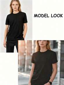 ComfortableCamiseta de manga corta con cuello redondo para mujer -- Camiseta de mujer, elegante y con estilo, casual y cómoda, adecuada para uso en vacaciones, camiseta de algodón puro para - Negro - Ver 3