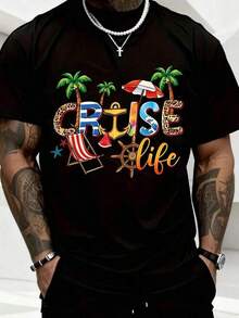 Camiseta unisex de manga corta, CruiseVidaVeranoVacacionesCamisaPlayaFiestaCamisetaTropicalParaísoDiseñoParaHombresCruzeViajesDesgastePalmaÁrbolAnclaYParaguasGráficoTeeplayerashombre, , , Dazymujer,romwehombres, bohochic,maestrasregalos,camisetaparaconjuntos de mujercon curvasparamu,y2k, - Negro - Ver 1
