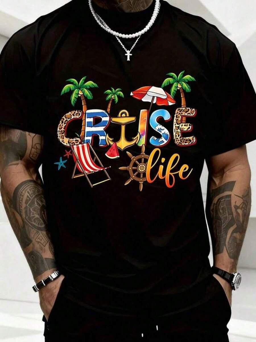 Camiseta unisex de manga corta, CruiseVidaVeranoVacacionesCamisaPlayaFiestaCamisetaTropicalParaísoDiseñoParaHombresCruzeViajesDesgastePalmaÁrbolAnclaYParaguasGráficoTeeplayerashombre, , , Dazymujer,romwehombres, bohochic,maestrasregalos,camisetaparaconjuntos de mujercon curvasparamu,y2k, - Negro - Ver 1