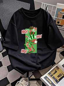 Figura alegre con personaje sonriente que sostiene una torre de regalos coloridos y transmite espíritu festivo navideño lleno de energía positiva y diversión camiseta de mujer  suave y cómoda para uso diario - Negro - Ver 2