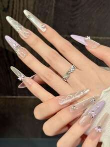 Bộ 10 móng tay giả nhọn thủ công, kiểu nơ ren gió dễ thương cho bé gái, họa tiết hoa xanh dương vẽ tay, màu hồng ma thuật với hình bướm xanh, màu hồng vàng tương phản với hình heo 3D, thích hợp cho các bữa tiệc và sử dụng hàng ngày. Thích hợp cho các bé gái và phụ nữ tham dự các lễ hội, tiệc tùng, lễ hội âm nhạc và sử dụng hàng ngày, quà tặng Ngày Valentine và Ngày của Mẹ. - Màu Lilac Tím - Xem 4