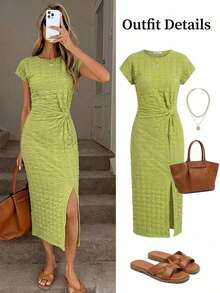 Vestido midi casual de mujer con estampado de lunares, cintura retorcida y abertura alta sin mangas; Vestido ajustado texturizado casual de mujer; Conjunto de fitness de mujer; Vestido de invitada de boda de mujer; Atuendo de oficina de mujer - verde aguacate - Ver 10